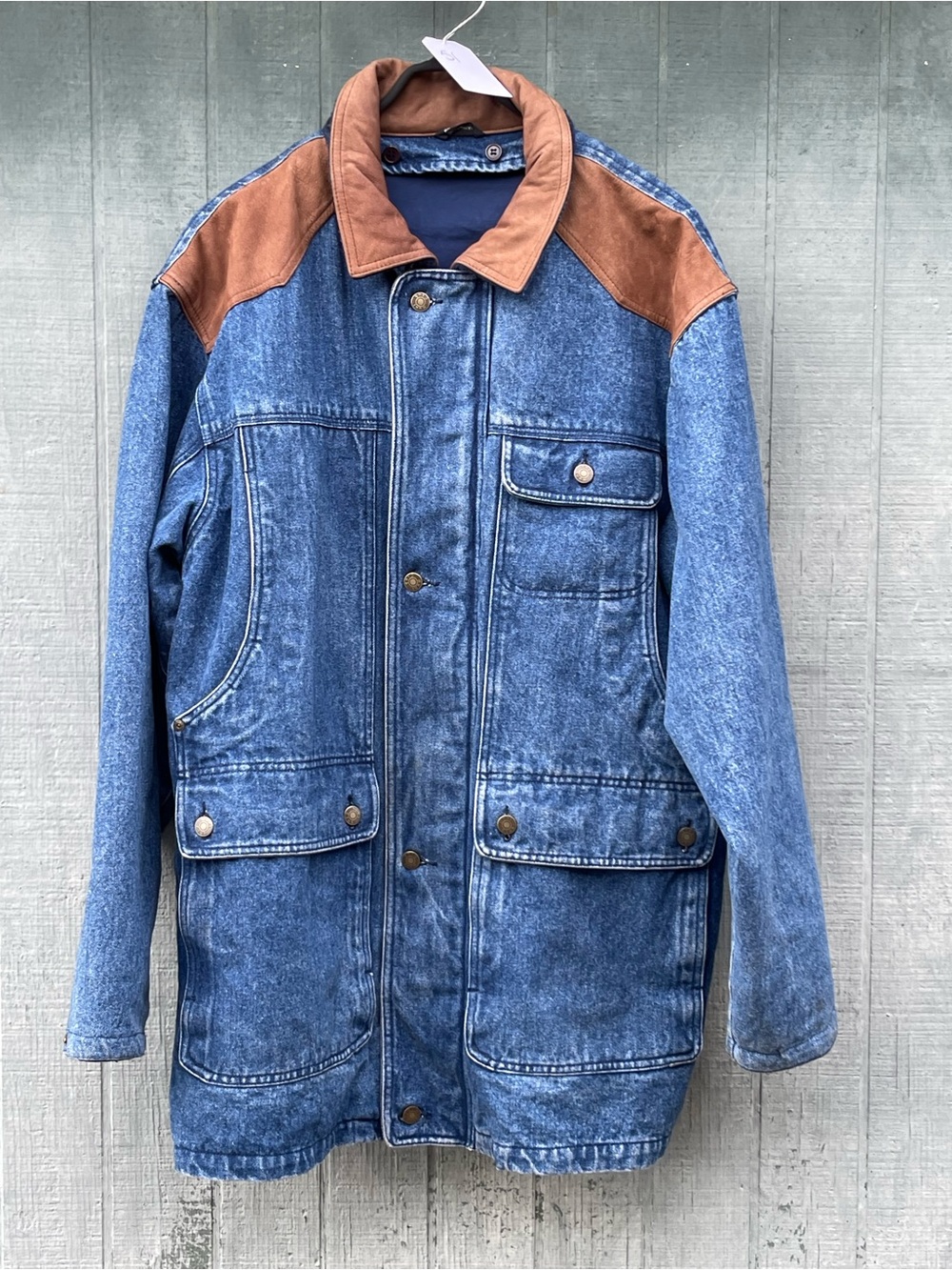 Men's Blue Denim Field Jacket with Brown Suede Yoke